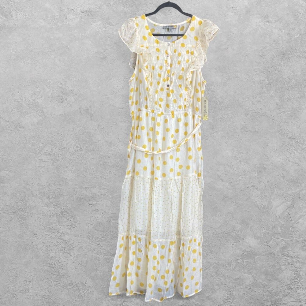 Figueroa & Flower Polka Dot Midi Dress XL Cream Yellow Ruffle Boho